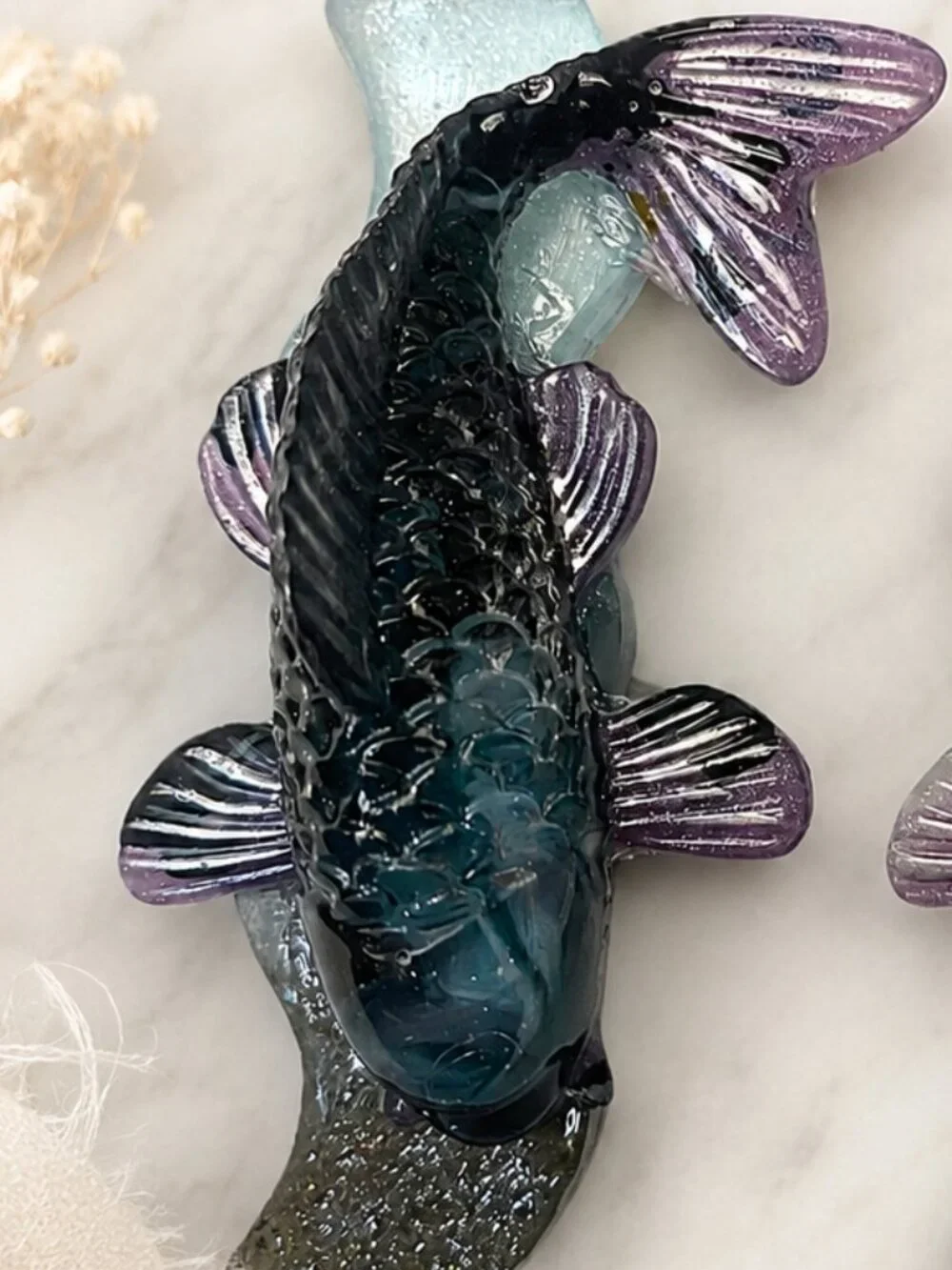 Handmade Resin Betta Koi Fish Hair Clips Trio, Sea Green Blue Purple Accents
